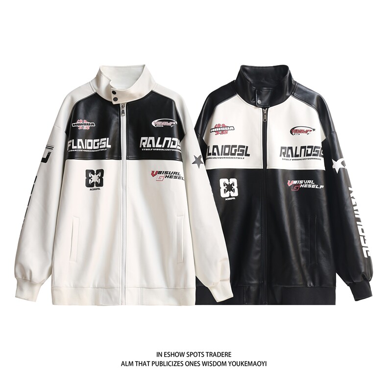 白底秋装2023机车服pu皮衣男女情侣宽松夹克秋季大码外套S246P118，男装皮衣，电商A233-2
