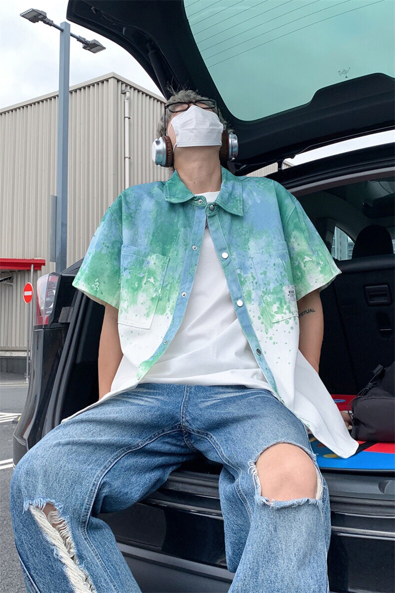 扎染短袖衬衫男生夏季薄美式高街水洗渐变情侣炸街五分袖衬衣外套,男装衬衫,电商A007