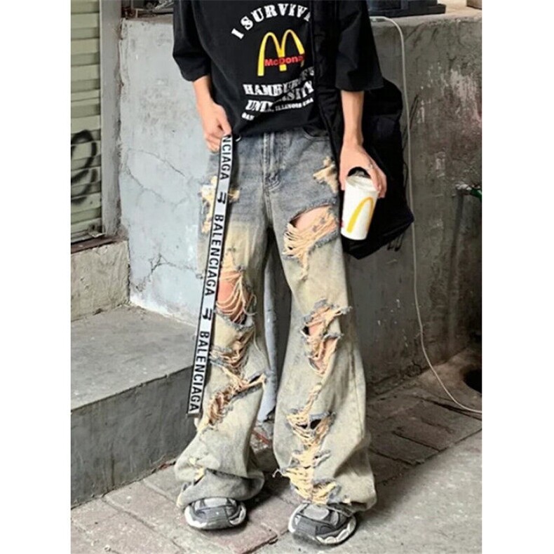 气质原宿潮流新款慵懒百搭破洞废土风水洗小众牛仔裤男 NM771图片