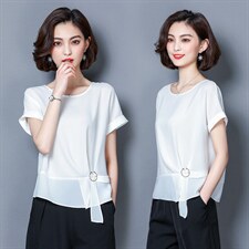 圆领短袖时尚气质百搭优雅韩版2021年夏季衬衫，女装衬衫，超帛