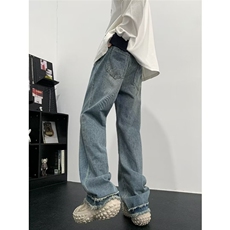美式高街牛仔裤男韩版潮流毛边个性2023秋夏ins宽松长裤RK884-P45，男装牛仔裤，星座412-3