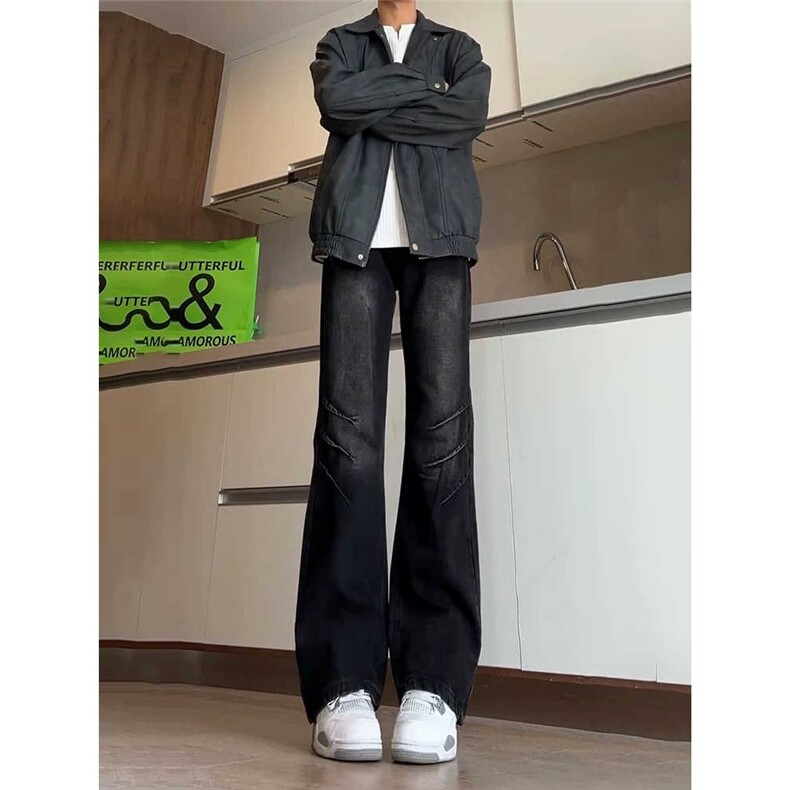 春季美式高街牛仔裤弯刀vibe风褶皱裤子男女直筒微喇裤LG800-p45,男装牛仔裤,星座1008