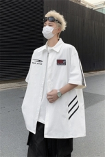 美式复古字母刺绣赛车风男女夏季小众设计情侣潮牌半袖衬衣，男装衬衫，星座505-2（原电商A260-1)