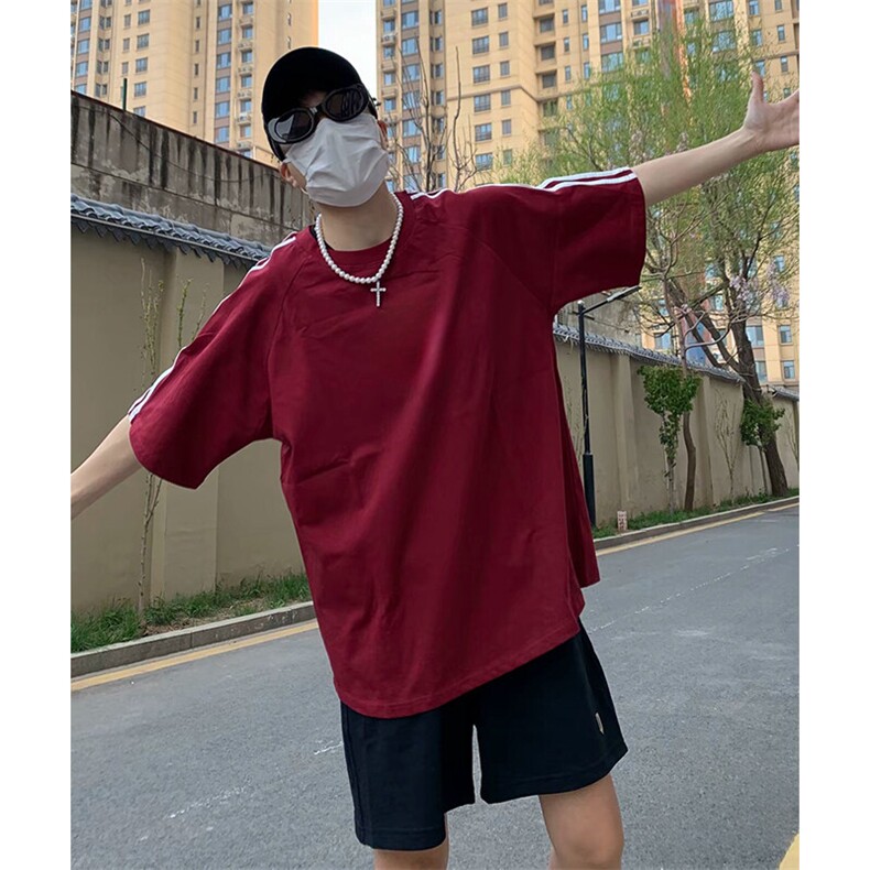 抖音得物高品质二开240克宽松纯棉美式潮牌三条杠织带短袖T恤,男装T恤,电商A486