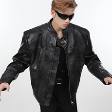 JK8552-P79秋季小众高级感立领机车皮衣男宽松短款垫肩美式，男装皮衣，电商B323A