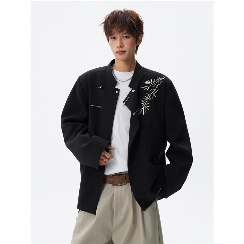 新中式刺绣西服外套大码风立领金属扣垫肩夹克中山装LX001特P85图片
