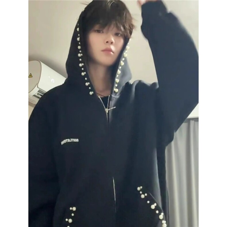 潮牌珍珠连帽开衫卫衣男春秋慵懒风美式高街青少年外套WT110,女装短外套,星座601-1