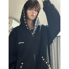 潮牌珍珠连帽开衫卫衣男春秋慵懒风美式高街青少年外套WT110，女装短外套，星座601-1