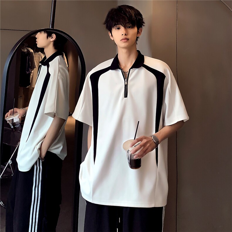 夏季cleanfit撞色拼接美式潮牌嘻哈半拉链T恤男POLO衫T903-P38图片