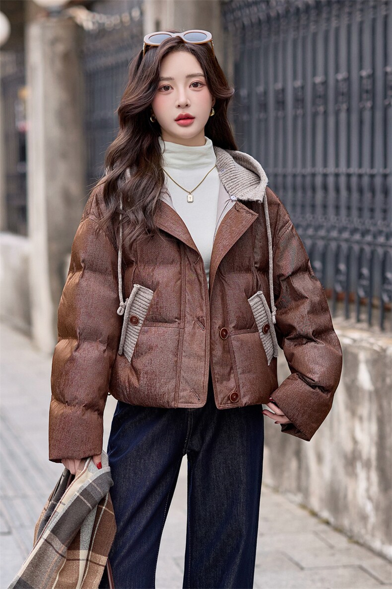 【bao款大货主推】2025冬装新款撞色拼接毛线连帽羽绒服90%白鸭绒,女装羽绒服,雅静靓衣