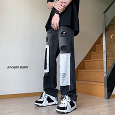 B221美式ins高街小众个性拼接宽松破洞牛仔裤LK23099-P65控88，男装牛仔裤，电商B221