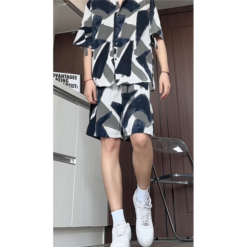 短袖衬衫男+短裤男潮流休闲套装男M-5XL大码TZ78704P50控98模特图图片