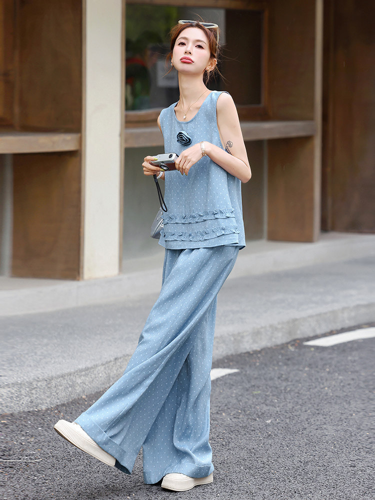小香风套装女2025夏季新款超火减龄松弛感休闲波点无袖阔腿裤穿搭,女装套装/套裙,奕薇雅