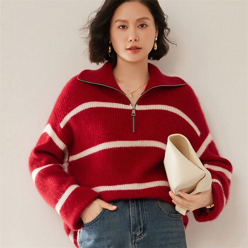 加厚半拉链翻领山羊绒衫女100羊绒24秋冬高领条纹大码针织毛衣,女装羊绒衫,尚达羊绒