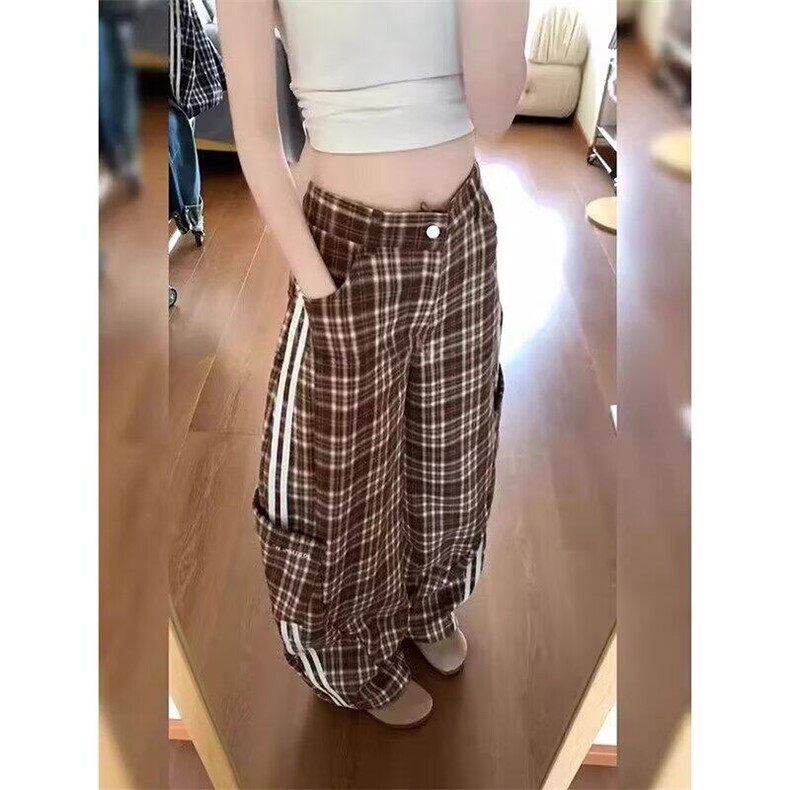 美式复古条纹格子工装裤子男女新款宽松慵懒拖地长裤网络图,男装休闲裤,星座410-7