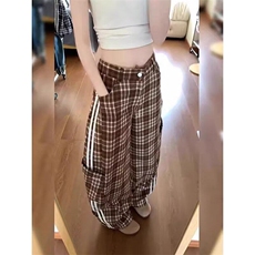 美式复古条纹格子工装裤子男女新款宽松慵懒拖地长裤网络图，男装休闲裤，星座410-7