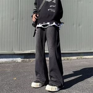 美式高街复古小众泼墨设计牛仔裤春秋潮牌直筒宽松hiphop长裤男图片