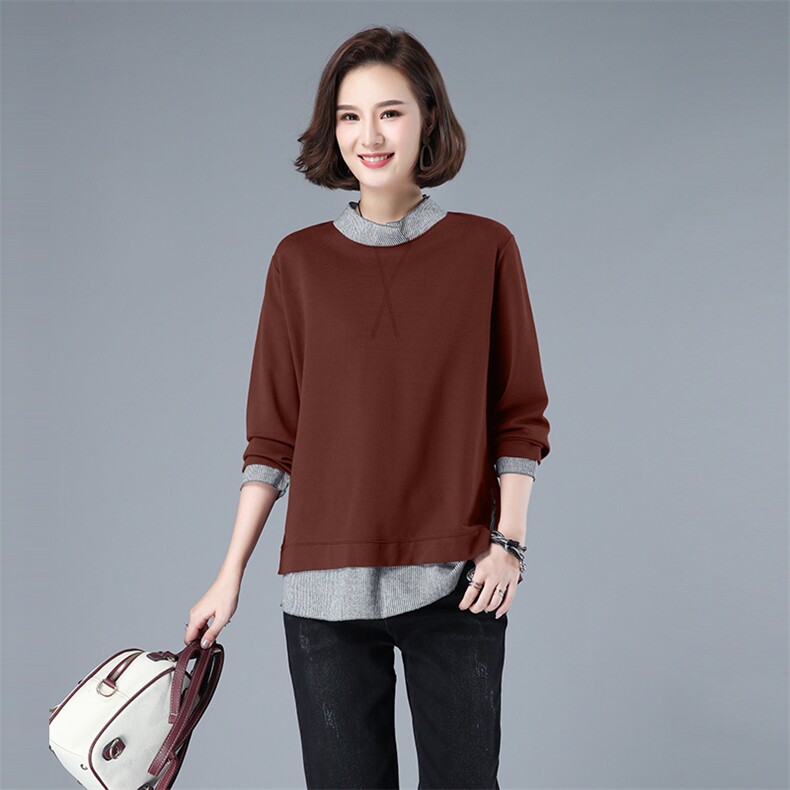 时尚宽松长袖T恤女秋装新款圆领拼接设计感小众上衣3508款,女装T恤,秋牧寒烟