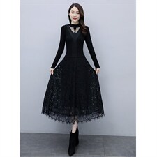 2023秋季新款半高领线衣花边配蕾丝长款打底连衣裙（配饰品),女装连衣裙,安之芮娜
