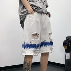 破洞牛仔短裤男夏季潮牌美式痞帅休闲裤子毛边炸街设计感，男装牛仔裤，星座716-2