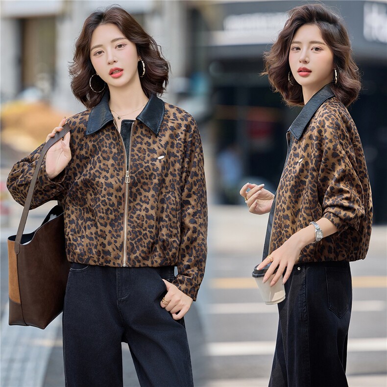 2025秋季新款港风复古时尚豹纹麂皮绒潮流个性短款外塔，女装短外套，慕依路