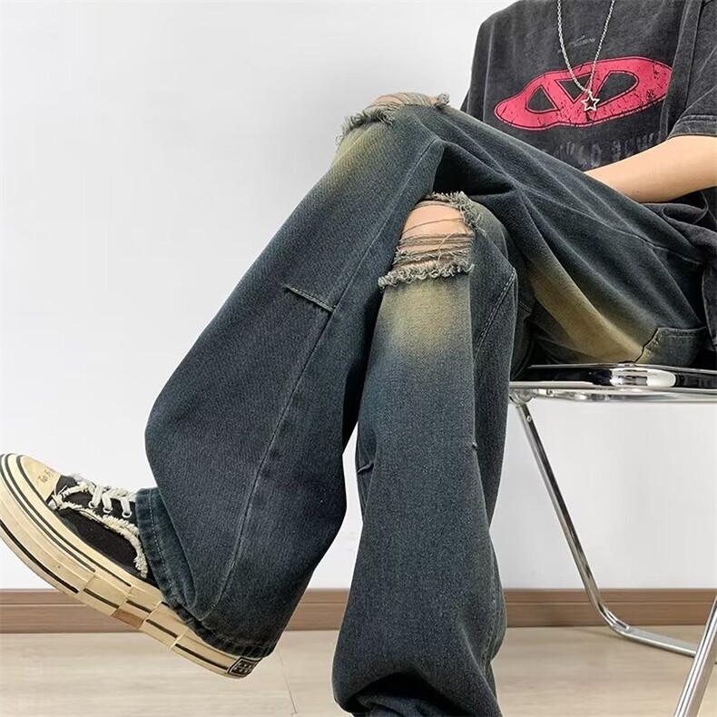 美式高街vibe做旧破洞仔裤男复古潮流宽松直筒阔腿裤子61277-p43,男装休闲裤,星座1008