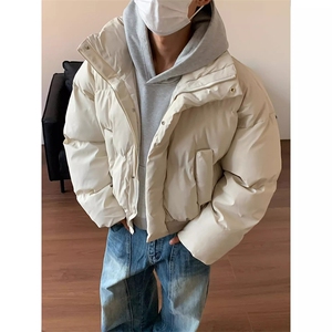 现货5W件冬季三防重磅硬挺boxy短款羽绒立领PU皮棉衣外套加厚棉服图片