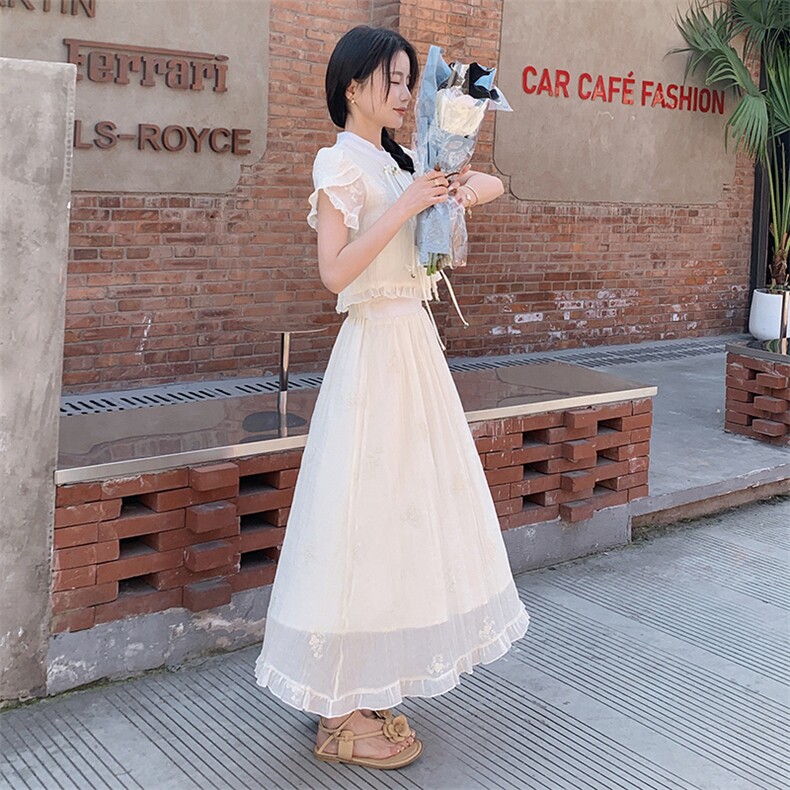 优雅刺绣连衣裙套装显瘦修身气质女装甜美蕾丝拼接设计,女装连衣裙,秀美人生