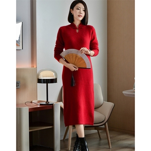 气质秋季新款修身显瘦女士古风盘扣长裙羊毛衫图片