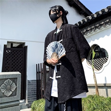 新中式风盘扣提花短袖衬衫潮上衣男款衬衣五分袖，男装衬衫，星座1013