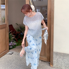 夏日绝美小裙子套装女2025新款独特气质针织镂空上衣半身裙两件套，女装套装/套裙，2C159
