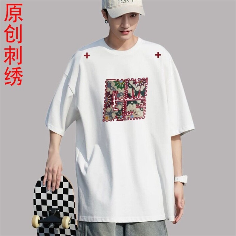 网图现货 美式宽松复古刺绣圆领T恤男8131/特P30图片