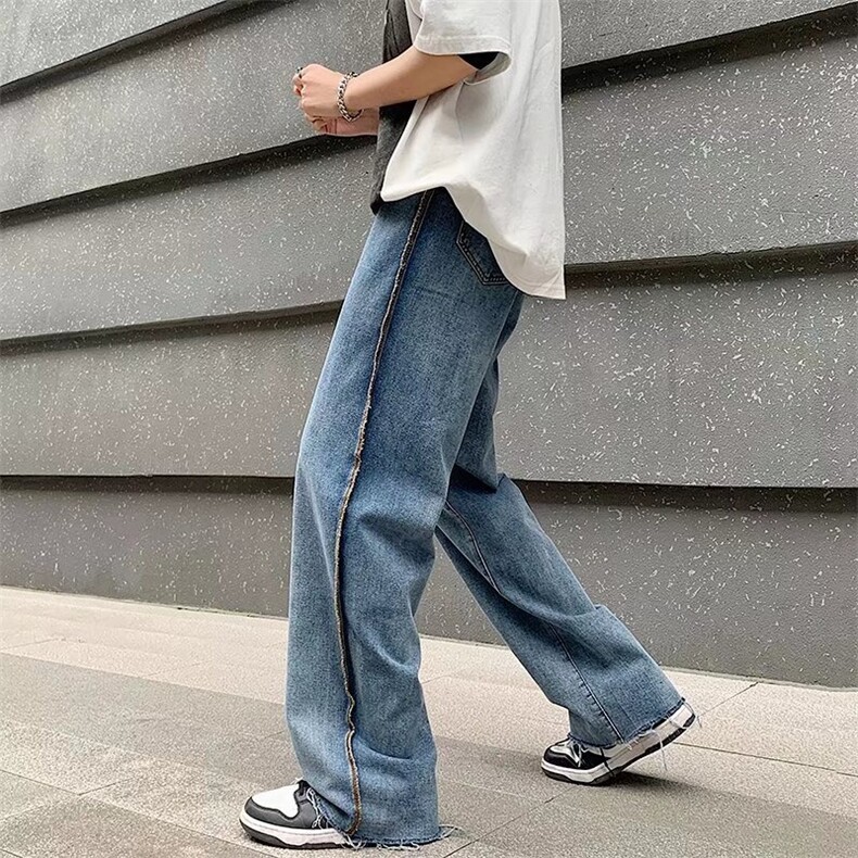 春秋季新款毛边拼接牛仔裤潮牌复古街头嘻哈宽松休闲阔腿直筒裤,男装牛仔裤,星座410-6（原星座1304-1）