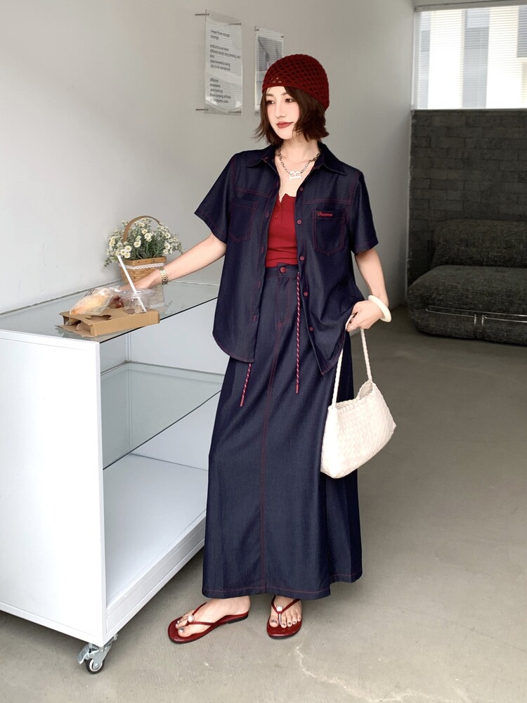 （新款现货）2026夏装短袖大版宽松明线天丝牛仔套装两件套,女装套装/套裙,印象茜