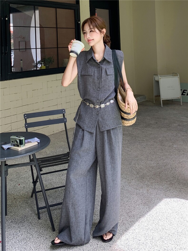 韩系高级感深灰色马甲套装女2025年夏季新款减龄显瘦阔腿裤两件套,女装套装/套裙,蝶眷