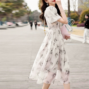 新增色2024夏季新款女装宽松遮肚子显瘦小个子时尚印花减龄连衣裙图片