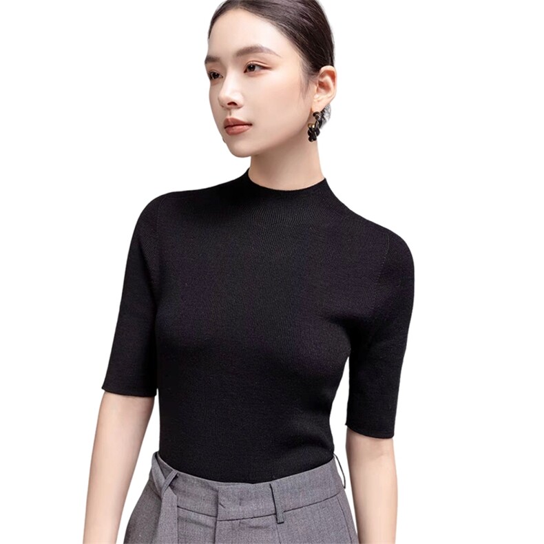 女士时尚显瘦百搭无缝一体针织五分袖,女装T恤,旭友羊绒