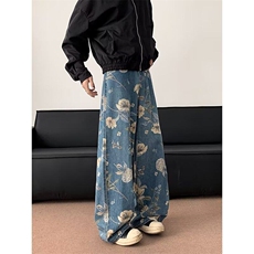 花卉牛仔裤男女美式高街设计感裤子直筒宽松阔腿拖地裤RK2413-P47，男装牛仔裤，星座412-2