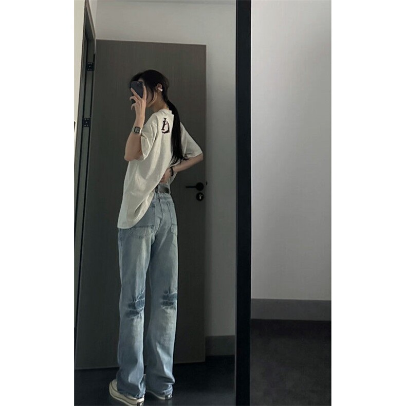 水洗闪电纹浅蓝色牛仔裤男款美式高街cleanfit裤子窄版弯刀微喇裤,男装牛仔裤,星座1007（原301D）