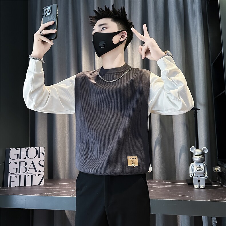 假两件高级感毛衣男拼接针织衫社会小伙店主风301C-M35A-P88控118,男装针织衫/毛衣,星座301C（原B323）