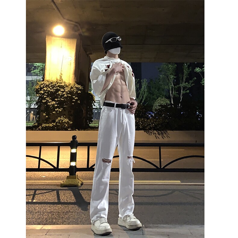 B221 美式ins高街简约小众设计毛边破洞牛仔裤 LK23067-P60 控78图片