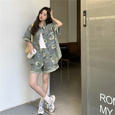 韩系牛仔套装女2025夏季新款时尚减龄洋气减龄短袖衬衫短裤两件套，女装套装/套裙，2C213
