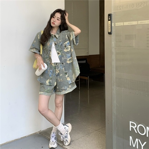 韩系牛仔套装女2025夏季新款时尚减龄洋气减龄短袖衬衫短裤两件套图片