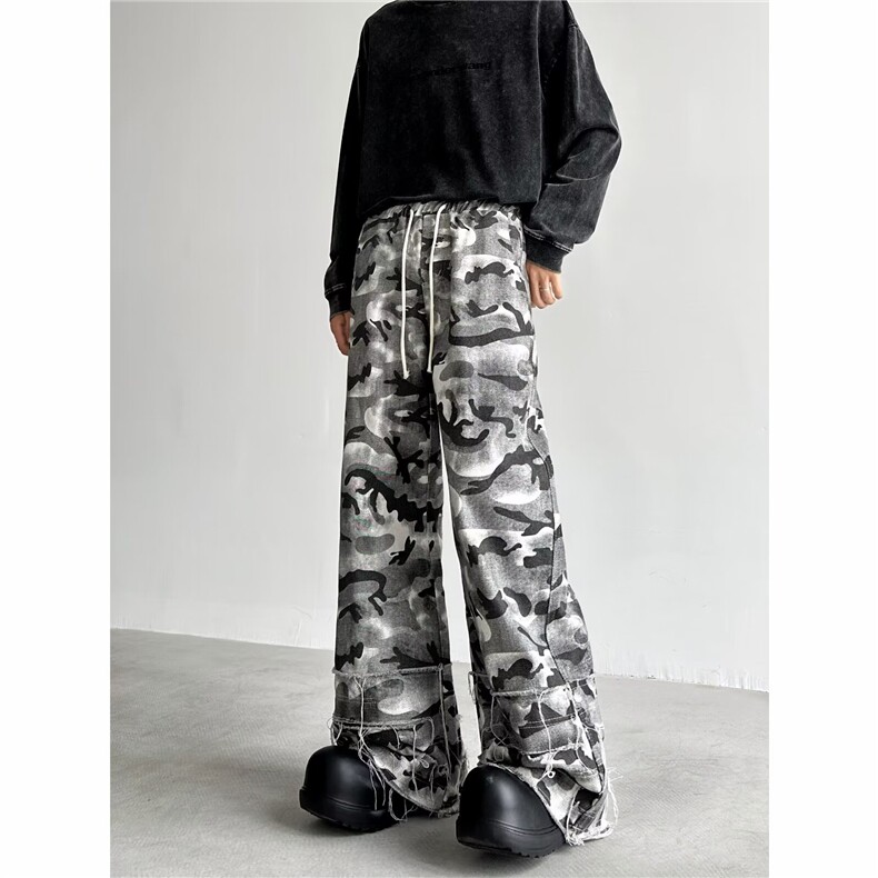 港风秋款男牛仔裤雪地迷彩流苏拼接直筒宽松休闲长裤NK0089P60,男装牛仔裤,星座1013-1