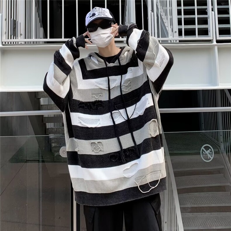 秋季新款潮流痞帅套头针织衫连帽男美式复古设计破洞条B615-P50,男装针织衫/毛衣,星座1109-3