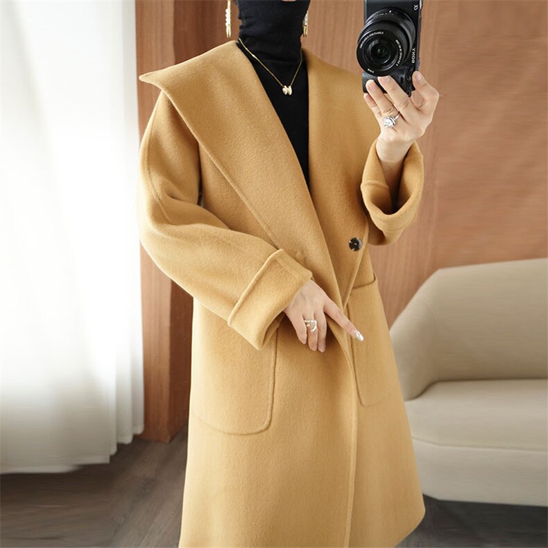 时尚百搭纯色羊毛大衣女秋冬季新款气质显瘦长款外套，女装双面呢大衣，乾庄羊绒
