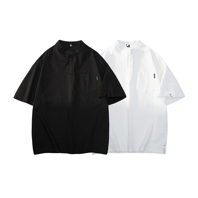 白底平铺立体亨利领亚麻短袖t恤男大码宽松半袖开衩体恤DT002P45,男装T恤,电商B312
