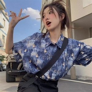 Q152/P32 夏季美式复古潮牌小众扎染印花痞帅短袖衬衫上衣男女图片