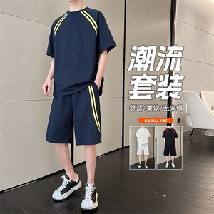 休闲运动套装男士夏季薄款拼色短袖t恤短裤酷帅两件套搭配男装潮图片