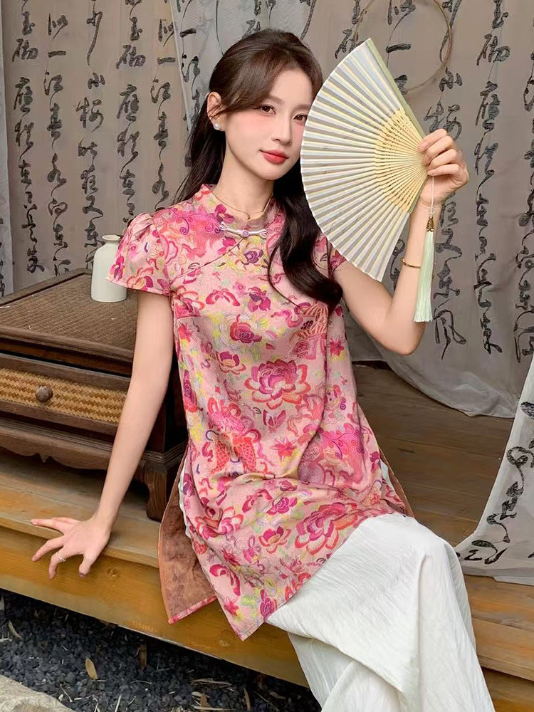 慕未家J夏装新款立领打褶中长上衣松紧腰短裤时尚国风套装熹58298,女装套装/套裙,玖莱伊